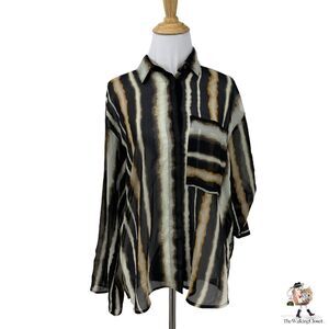 Ann Taylor Blouse Womens S Small Striped Contrast Semi Sheer Rolled Tie Sleeve